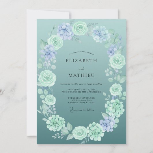 Invitation Mariage Paonée Menthe Ardoise (Devant)