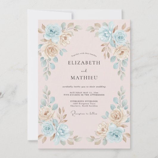 Invitation Mariage Paonée Or Céruléen (Devant)