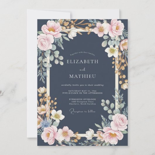 Invitation Mariage Paonée Or de Minuit (Devant)