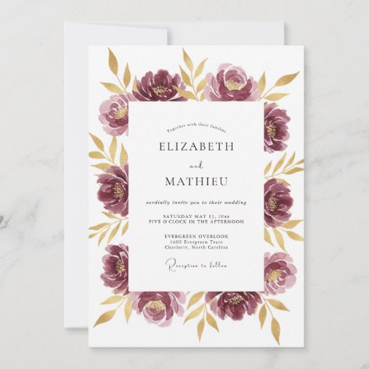 Invitation Mariage Paonée Or Prune (Devant)