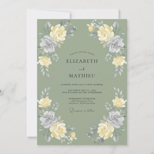 Invitation Mariage Paonies Argent Olive (Devant)