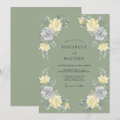 Invitation Mariage Paonies Argent Olive (Devant / Derrière)