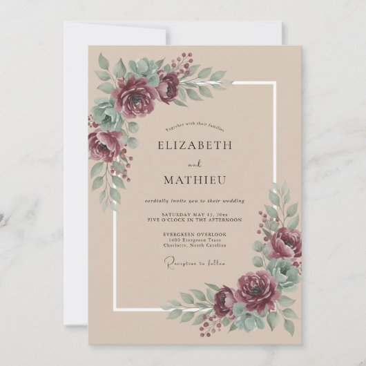 Invitation Mariage Paonies Taupe Céleste (Devant)