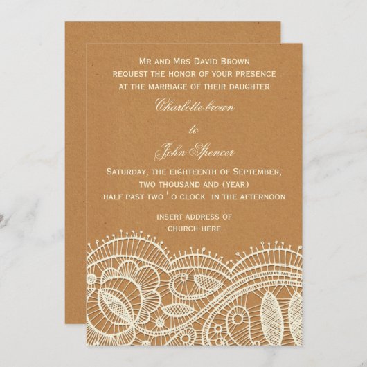 Invitation Mariage papier dentelle et Kraft (Devant / Derrière)
