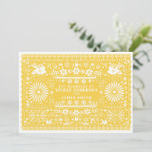 Invitation Mariage Papier Jaune Blanc Picado Mexicain (Debout devant)