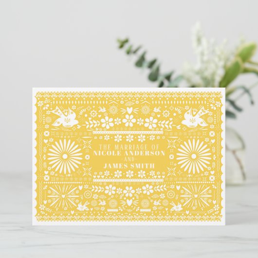 Invitation Mariage Papier Jaune Blanc Picado Mexicain (Debout devant)