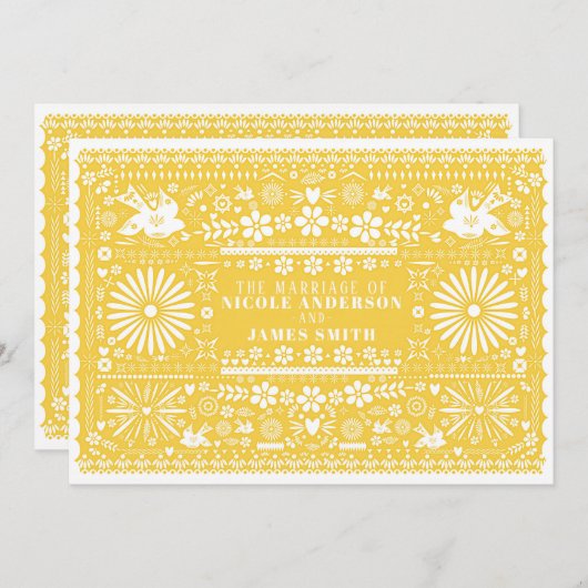 Invitation Mariage Papier Jaune Blanc Picado Mexicain (Devant / Derrière)