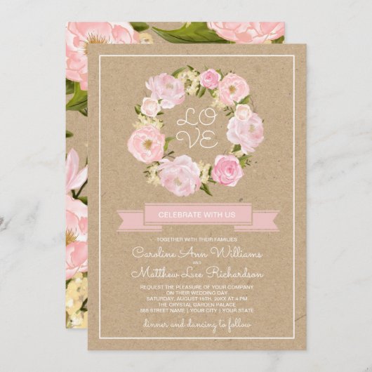 Invitation Mariage papier Kraft Pony rose pâle (Devant / Derrière)
