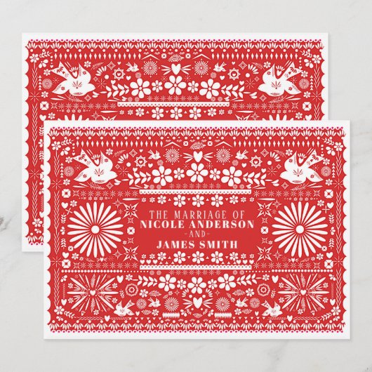 Invitation Mariage Papier Rouge & Blanc Picado Mexicain (Devant / Derrière)