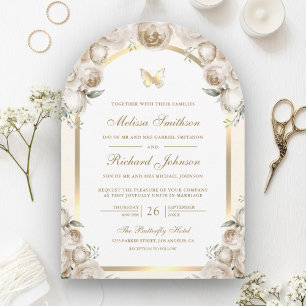 Invitation Mariage Papillon Arc Doré Fleur Crème d'Ivoire
