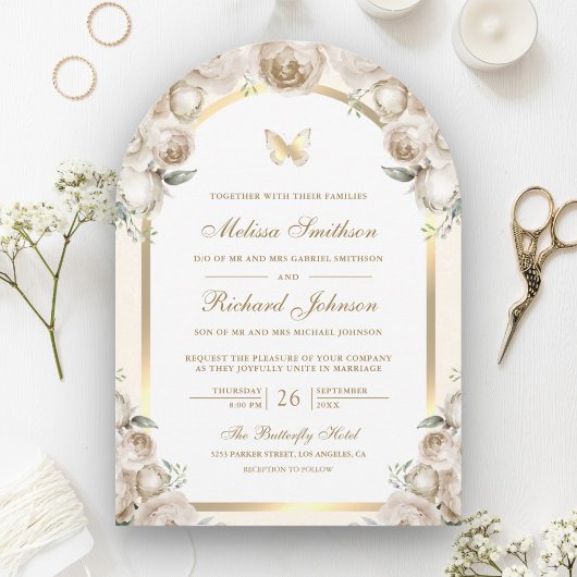 Invitation Mariage Papillon Arc Doré Fleur Crème d'Ivoire