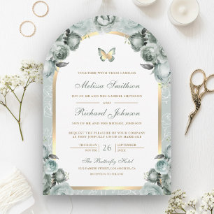 Invitation Mariage Papillon Arc Doré Floral Vert Sauge