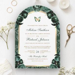 Invitation Mariage Papillon Arc Floral Vert Émeraude Or