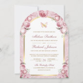 Invitation Mariage Papillon Arche Dorée Fleur Rose Rougissant (Devant)