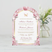 Invitation Mariage Papillon Arche Dorée Fleur Rose Rougissant (Debout devant)