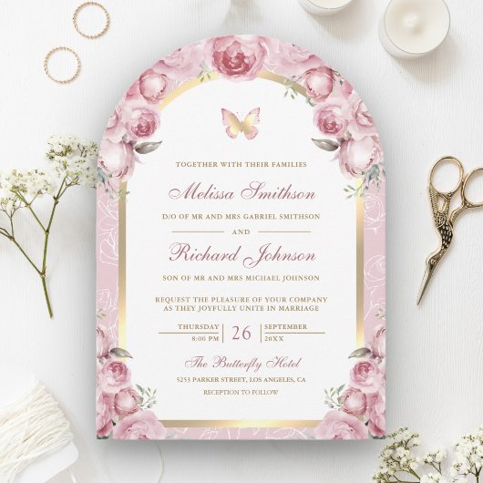Invitation Mariage Papillon Arche Dorée Fleur Rose Rougissant