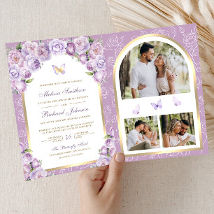 Invitation Mariage Papillon Arche Fleurie Violet Lavande Or