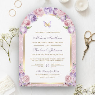 Invitation Mariage Papillon Arche Florale Rose Lavande Or