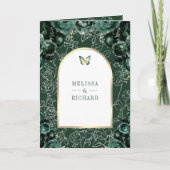 Invitation Mariage Papillon Arche Florale Vert Émeraude Or (Devant)