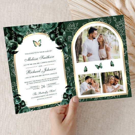 Invitation Mariage Papillon Arche Florale Vert Émeraude Or