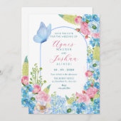 Invitation Mariage papillon bleu fleur rose (Devant / Derrière)