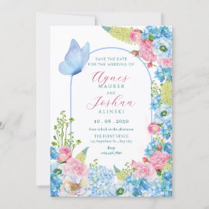 Invitation Mariage papillon bleu fleur rose