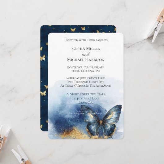 Invitation Mariage Papillon Bleu Or (Devant/Arrière en situation)