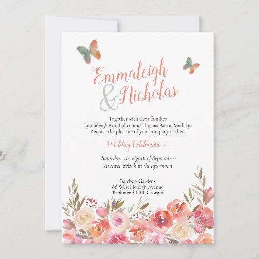 Invitation Mariage papillon Coral Boho Floral (Devant)