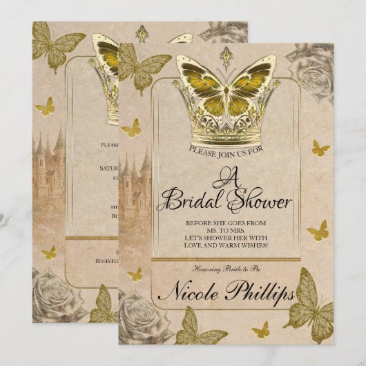 Invitation Mariage papillon doré livre ancien (Devant / Derrière)