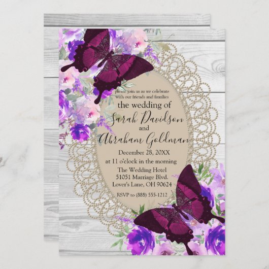 Invitation Mariage papillon en dentelle blanche (Devant / Derrière)