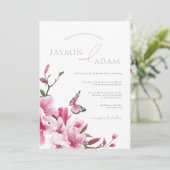 Invitation Mariage Papillon Fleur Rose Romantique (Debout devant)