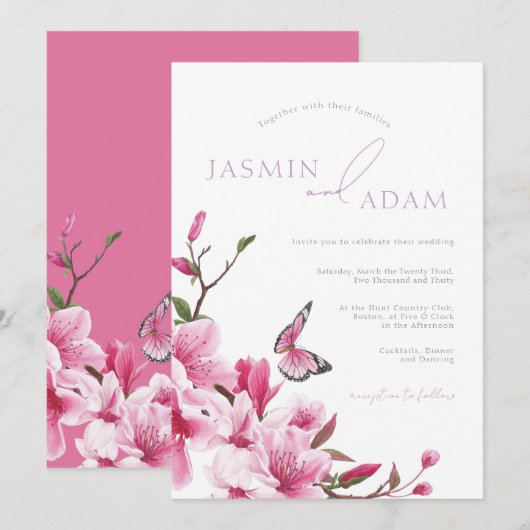 Invitation Mariage Papillon Fleur Rose Romantique (Devant / Derrière)