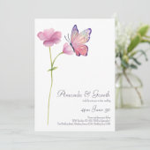 Invitation Mariage papillon Fleur sauvage rose aquarelle (Debout devant)