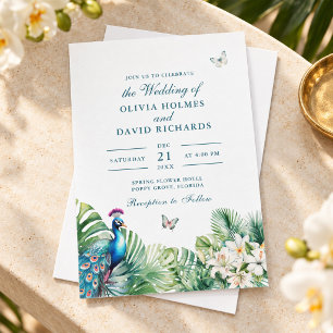 Invitation Mariage Papillon Fleurs Tropicales Paon Sarcelle