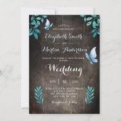 Invitation Mariage papillon floral aquarelle bleu rustique (Devant)