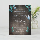 Invitation Mariage papillon floral aquarelle bleu rustique (Debout devant)
