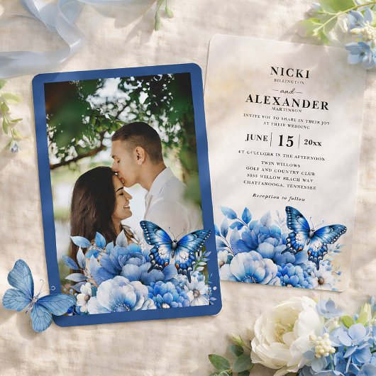 Invitation Mariage Papillon Floral Bleu
