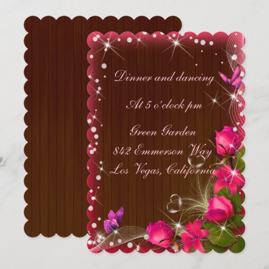Invitation Mariage Papillon Floral Rose Bois Rustique Récepti (Devant / Derrière)