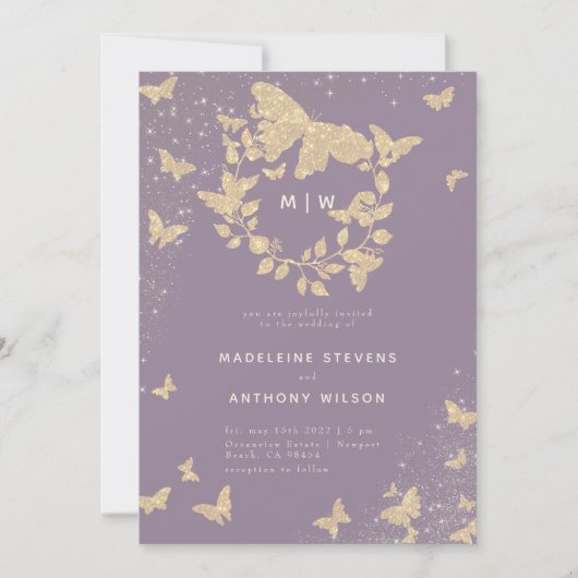 Invitation Mariage papillon Lilac Or Monogrammes Élégant (Devant)