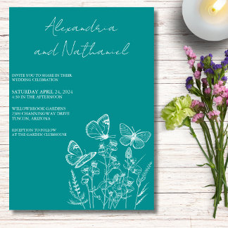 Invitation Mariage Papillon Moderne Sarcelle & Blanc 