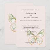Invitation Mariage Papillon Rose Pâle Vert Menthe Or (Devant / Derrière)