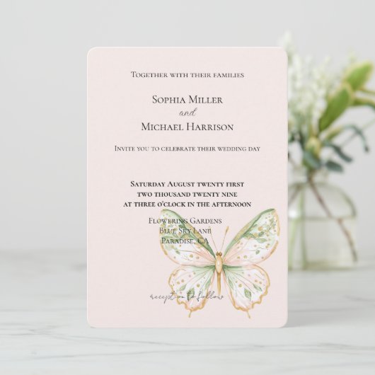Invitation Mariage Papillon Rose Pâle Vert Menthe Or (Debout devant)