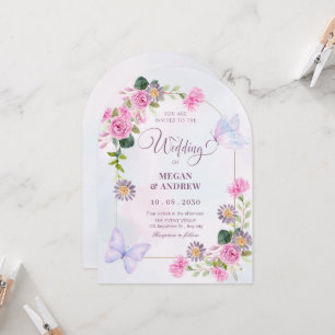 Invitation Mariage papillon rose violet fleuri