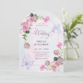 Invitation Mariage papillon rose violet fleuri (Debout devant)