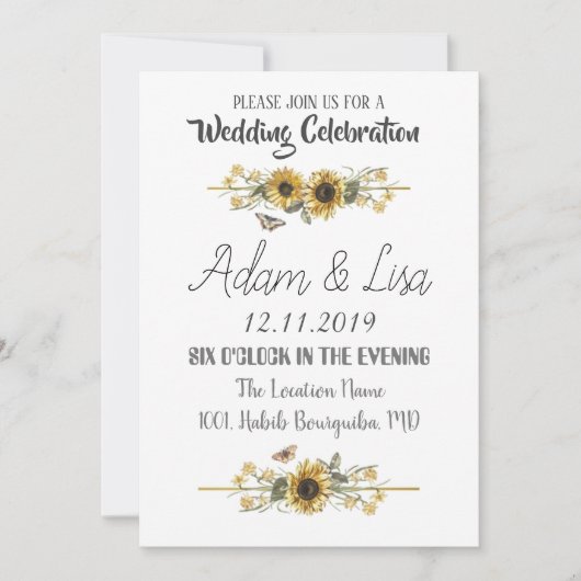 Invitation Mariage papillon tournesol rustique et élégant (Devant)