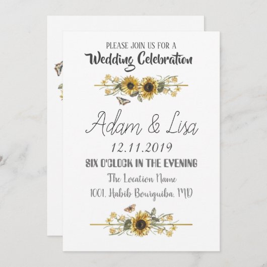 Invitation Mariage papillon tournesol rustique et élégant (Devant / Derrière)