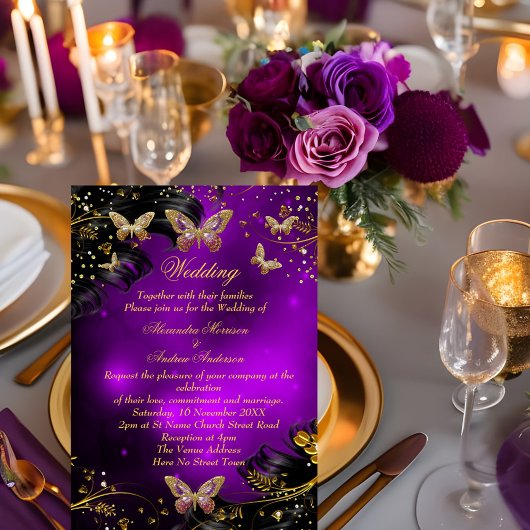 Invitation Mariage papillon violet or noir scintillant