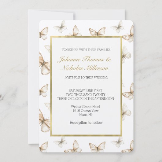 Invitation Mariage Papillons Blanc Crème Or Chic   (Devant)