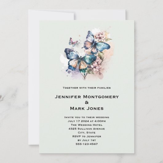 Invitation Mariage Papillons et Fleurs Magnifiques (Devant)