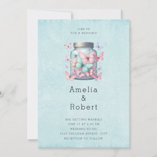 Invitation Mariage Papillons Fantaisistes dans un Pot (Devant)